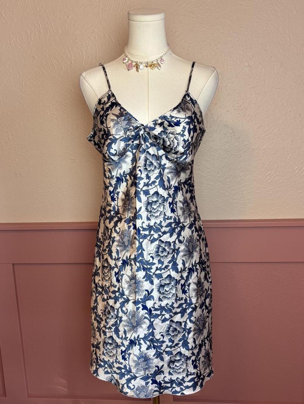 floral satin mini slip dress blue white fairy romantic